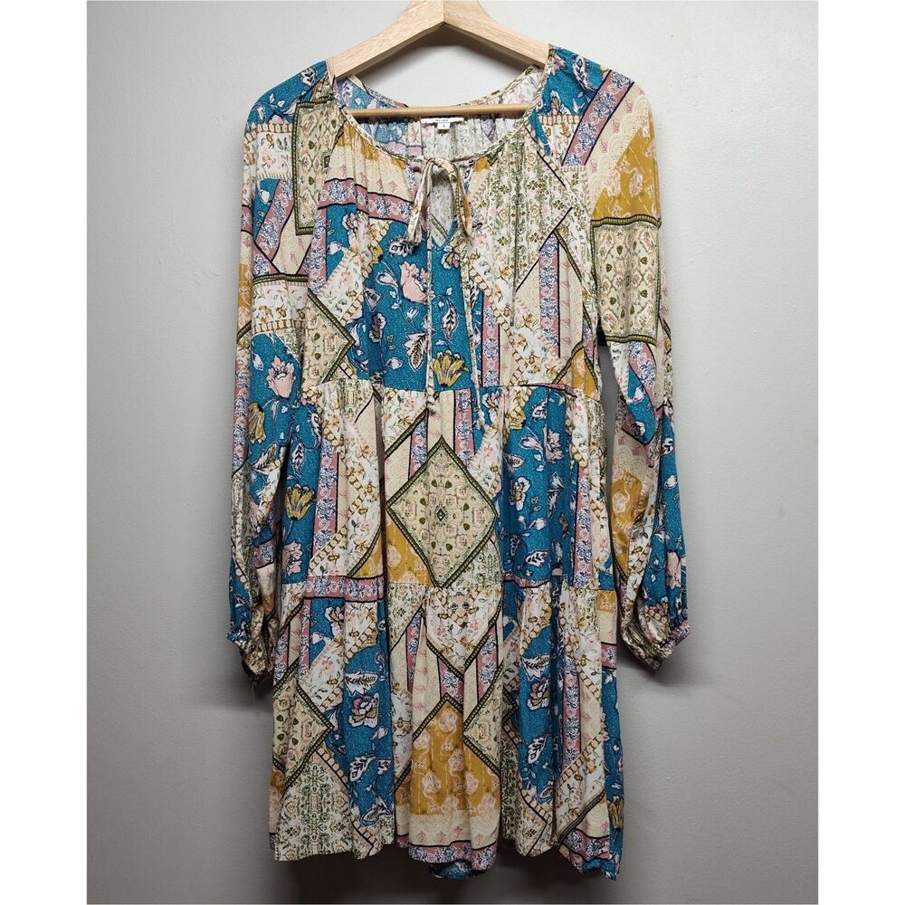 Andree Unit Mini Dress Women L Blue Yellow Floral Long Sleeve Boho Cottagecore
